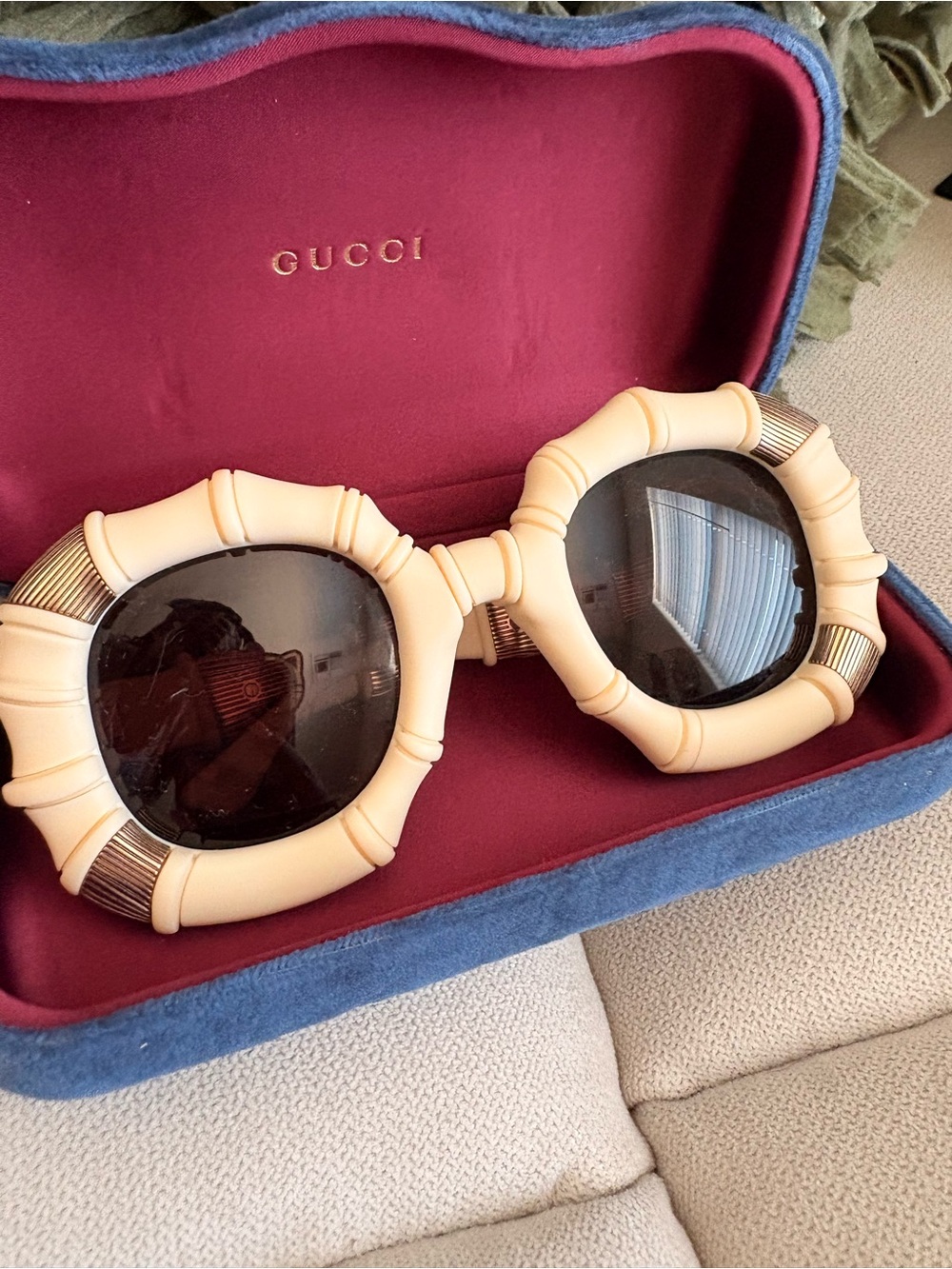 Limited Edition Gucci Cream Bamboo-Style Round Sunglasses with Dark Lenses